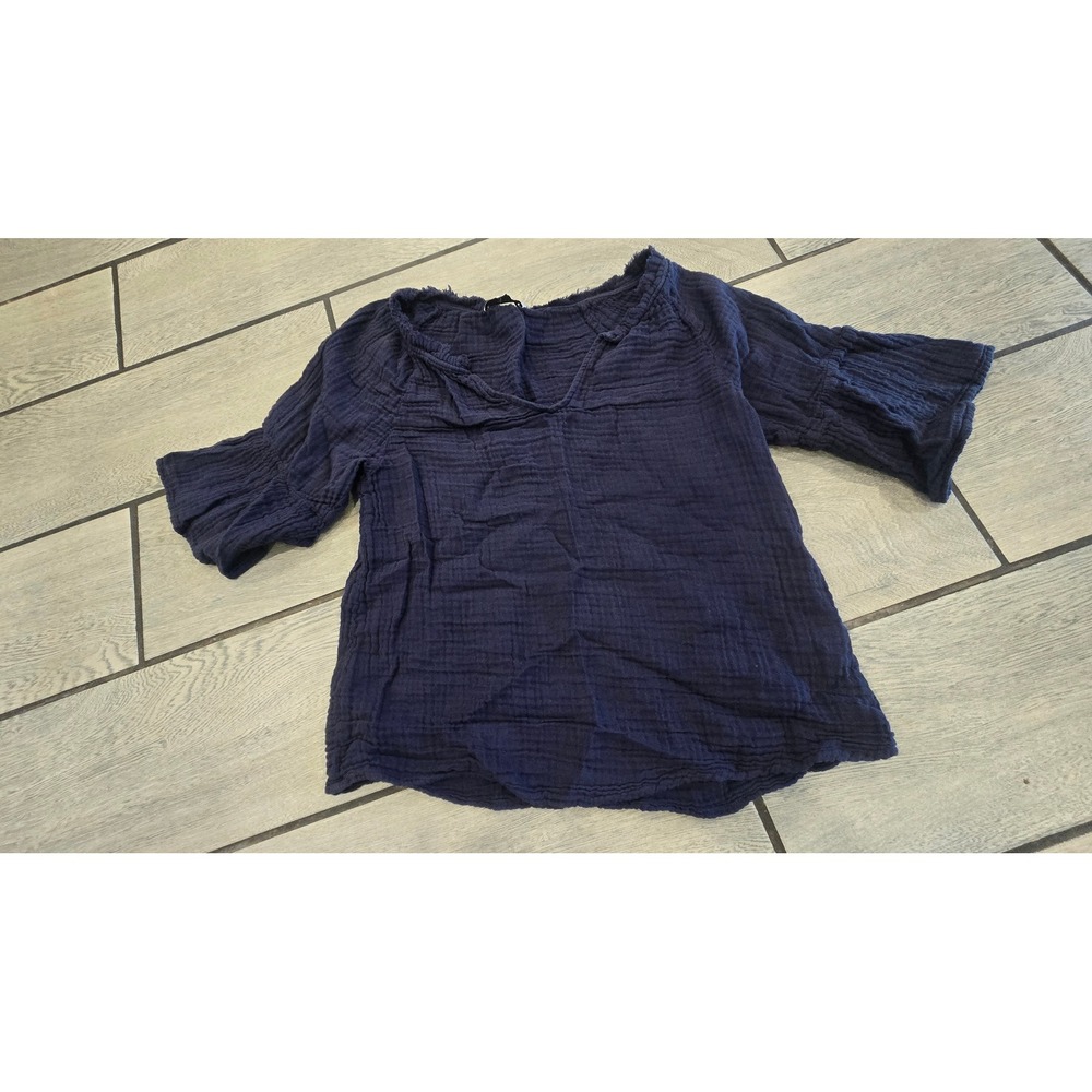 Michael Stars Navy Blue Gauze Tiered Bell Sleeve Split V-Neck Blouse XS